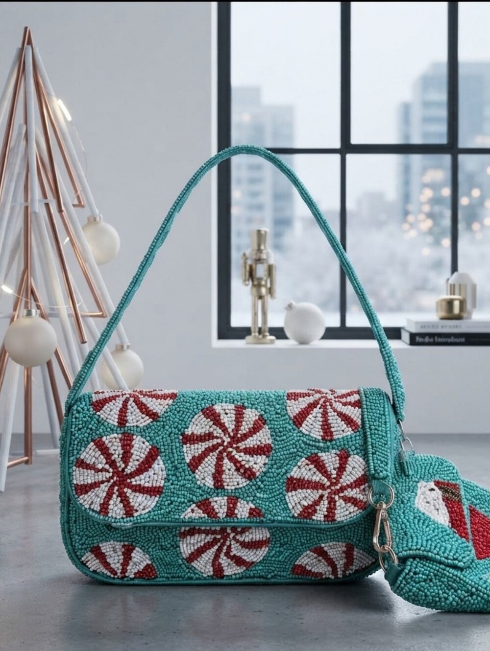 NWT Viral Rachel Zoe Peppermint Beaded Shoulder Bag with matching bag charm!